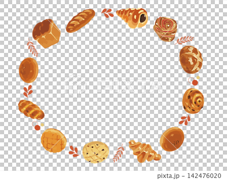 A cute, hand-drawn circular frame surrounded by various kinds of bread. A cute, hand-drawn circular frame surrounded by various kinds of bread. 142476020