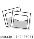 白黒で描かれたポップな薬の袋と粉薬のイラスト 142476051