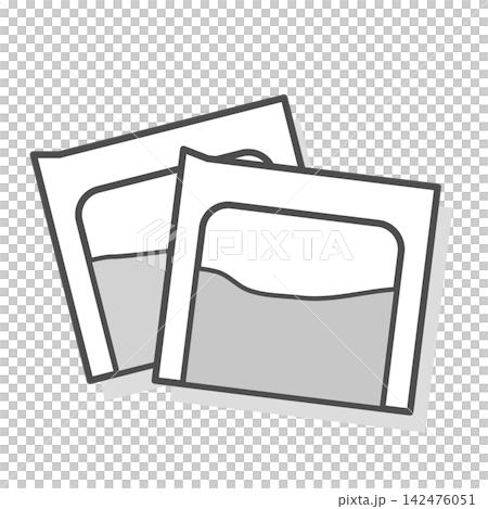 白黒で描かれたポップな薬の袋と粉薬のイラスト 白黒で描かれたポップな薬の袋と粉薬のイラスト 142476051