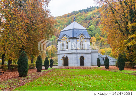 The historic baroque Rococo Pavillon Losthaus (or Lusthaus) surrounded by autumn trees in a public park of Echternach, Luxembourg The historic baroque Rococo Pavillon Losthaus (or Lusthaus) surrounded by autumn trees in a public park of Echternach, Luxembourg 142476581