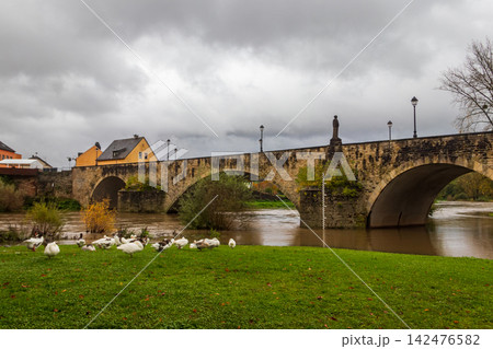 The historic Old Echternach Bridge over the Sauer river with a flock of geese on a green grass riverbank in Luxembourg The historic Old Echternach Bridge over the Sauer river with a flock of geese on a green grass riverbank in Luxembourg 142476582