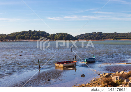 Traditional vintage wooden fishing boats moored in the calm lagoon of Etang de Gruissan with a soft pinkish hue on the water surface in Occitanie, South of France Traditional vintage wooden fishing boats moored in the calm lagoon of Etang de Gruissan with a soft pinkish hue on the water surface in Occitanie, South of France 142476624