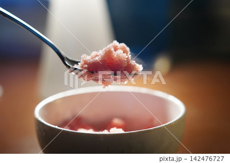 Scooping Sweet and Refreshing Homemade Pink Strawberry Sorbet Dessert Scooping Sweet and Refreshing Homemade Pink Strawberry Sorbet Dessert 142476727