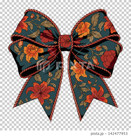 The image shows a decorative illustration of a flirty bow made of dark turquoise patterned fabric 142477953