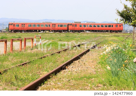 春のJR城端線と廃線跡の風景、青空の下を走るキハ47とキハ40形気動車の2両編成(高岡市) 春のJR城端線と廃線跡の風景、青空の下を走るキハ47とキハ40形気動車の2両編成(高岡市) 142477960