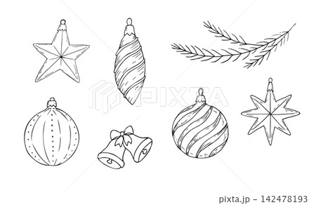 Vector Christmas element set with retro baubles, pine branch and star. Minimalist hand drawn graphic line art with bells and red ribbon isolated on white. Vintage illlustrations, pinecone, candy, icic Vector Christmas element set with retro baubles, pine branch and star. Minimalist hand drawn graphic line art with bells and red ribbon isolated on white. Vintage illlustrations, pinecone, candy, icic 142478193