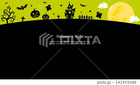 満月とホーンテッドキャッスルの黒いテキストスペース付きハロウィンフレーム グリーン 横長16:9 142478386
