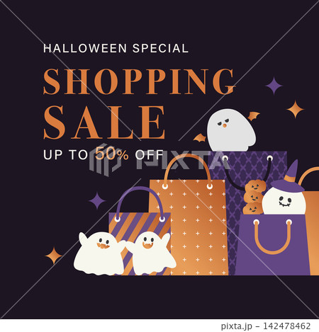 ハロウィン特別ショッピングセール50%オフお化けとバッグの装飾イラスト背景1:1 ハロウィン特別ショッピングセール50%オフお化けとバッグの装飾イラスト背景1:1 142478462