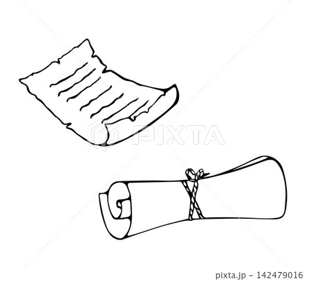 Hand Drawn Old Scroll Letters Set Rolled and Unrolled Parchment Line Art Doodle Illustration 142479016