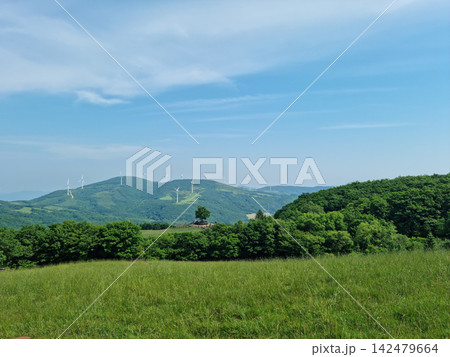 This is a landscape of a meadow with a wind turbine. This is a landscape of a meadow with a wind turbine. 142479664