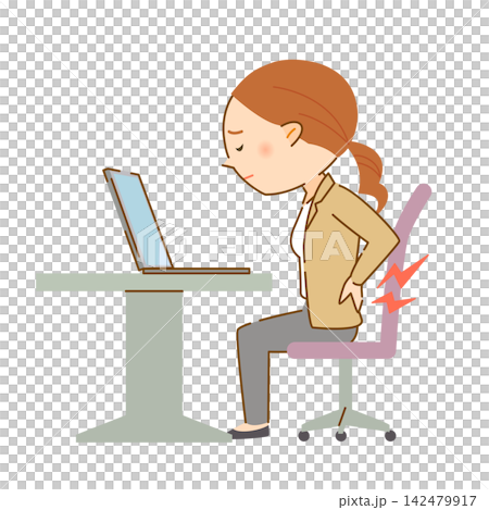 デスクワークのパソコン作業で腰痛に悩むオフィス女性のイラスト デスクワークのパソコン作業で腰痛に悩むオフィス女性のイラスト 142479917