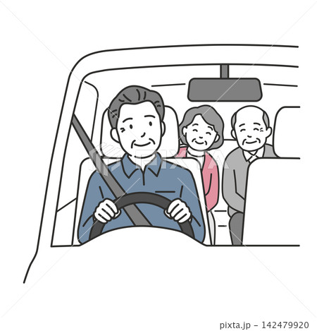 高齢者を乗せて介護送迎車を安全運転するドライバーのイラスト 高齢者を乗せて介護送迎車を安全運転するドライバーのイラスト 142479920