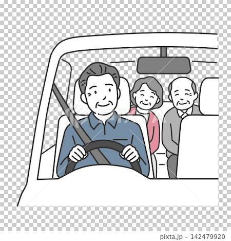 高齢者を乗せて介護送迎車を安全運転するドライバーのイラスト 高齢者を乗せて介護送迎車を安全運転するドライバーのイラスト 142479920