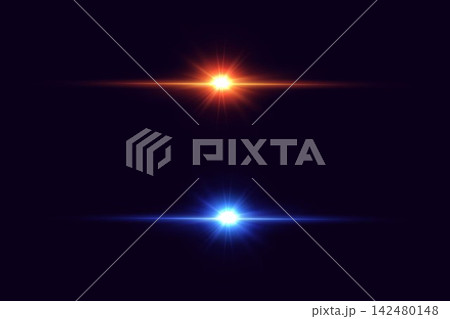Two distinct light flares with starbursts and horizontal beams illuminate a dark background Two distinct light flares with starbursts and horizontal beams illuminate a dark background 142480148