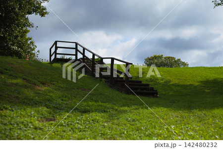 Green Park Landscape with Wooden Footbridge and Open Lawn Green Park Landscape with Wooden Footbridge and Open Lawn 142480232