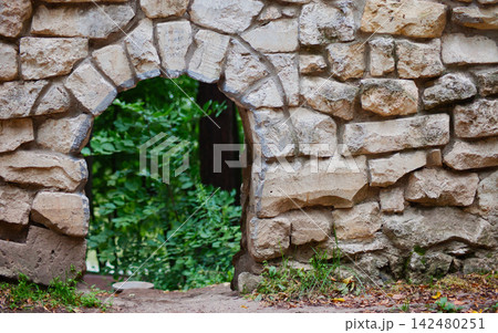 Stone Wall with Arched Doorway Covered by Greenery Stone Wall with Arched Doorway Covered by Greenery 142480251