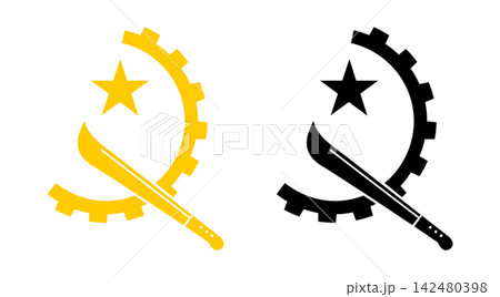 Emblem from National flag of Angola stickers set. Consisting of black, yellow machete crossed by half cogwheel and crowned with a five pointed star logos. Emblem from National flag of Angola stickers set. Consisting of black, yellow machete crossed by half cogwheel and crowned with a five pointed star logos. 142480398