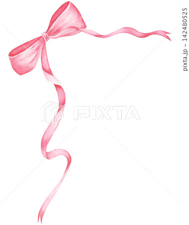 Pink corner bow with ribbon, watercolor illustration isolated on a white background. Greeting cards, wedding invitations, gift wrapping, scrapbooking, branding, packaging 142480525