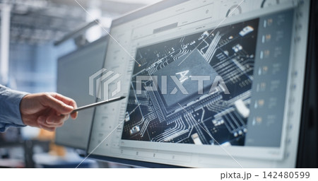 Engineer Pointing to AI Processor Microchip Design on Screen Engineer Pointing to AI Processor Microchip Design on Screen 142480599