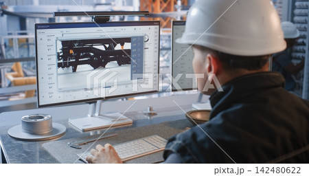 Industrial Specialist Monitoring Conveyor Robots from Factory Glass Office Industrial Specialist Monitoring Conveyor Robots from Factory Glass Office 142480622