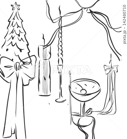 Christmas Decorative Elements Vector Set, Hand Drawn Christmas Tree, Bows, Ribbons, Candles and Festive Table Decor Elegant Holiday Line Art Collection Christmas Decorative Elements Vector Set, Hand Drawn Christmas Tree, Bows, Ribbons, Candles and Festive Table Decor Elegant Holiday Line Art Collection 142480710