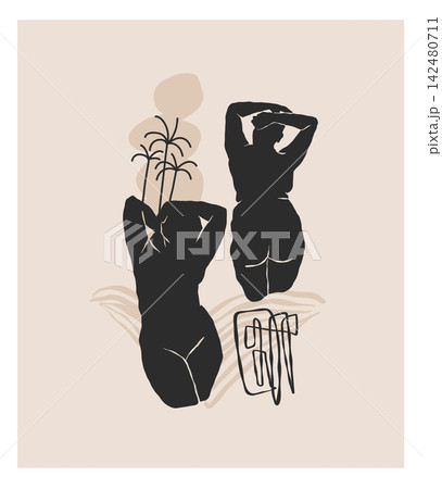 Abstract Female Body Silhouettes with Tropical Palm Trees, Minimalist Boho Woman Figures and Organic Shapes, Modern Contemporary Wall Art Illustration Abstract Female Body Silhouettes with Tropical Palm Trees, Minimalist Boho Woman Figures and Organic Shapes, Modern Contemporary Wall Art Illustration 142480711