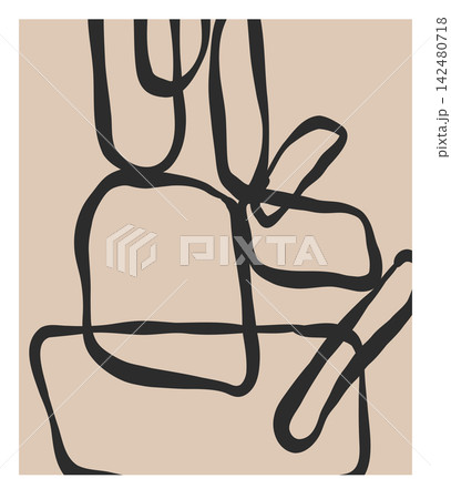 Minimalist Abstract Chair and Table Line Art in Neutral Beige, Modern Furniture Interior Design Wall Art Poster Hand Drawn Vector Illustration 142480718