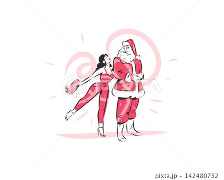 Santa Claus and Woman with Christmas Gift, Holiday Shopping and Christmas Sale, Festive Promotion, New Year Celebration Hand Drawn Vector Illustration 142480732