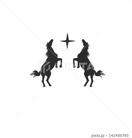 Two Rearing Horses Silhouette, Black Stallion Pair Vector, Western Equestrian Ranch Logo, Wild Horse Rodeo and Vintage Cowboy Design 142480793
