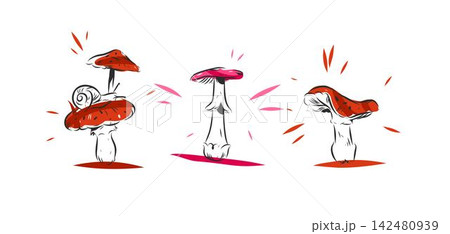 Hand Drawn Mushroom Illustration Set with Colorful Red and Pink Forest Mushrooms and Snail, Botanical Fungi Vector Design Elements Isolated on White Background 142480939