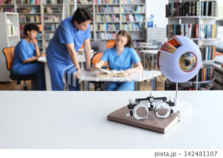 Ophthalmic study tools including a detailed eye globe replica and trial spectacles frame arranged on a library desk before medical students Ophthalmic study tools including a detailed eye globe replica and trial spectacles frame arranged on a library desk before medical students 142481107