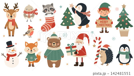Christmas vector clipart set with cute winter animals, Santa, elf, snowman and tree isolated on white 142481551