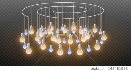 Hanging light bulbs creating a modern decorative spiral chandelier on a transparent background Hanging light bulbs creating a modern decorative spiral chandelier on a transparent background 142481958