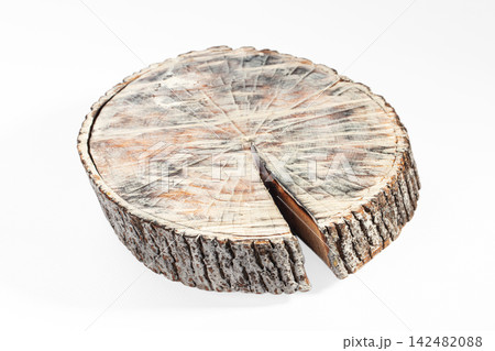 Wood log slice with cut out section resembling pie chart on white background Wood log slice with cut out section resembling pie chart on white background 142482088