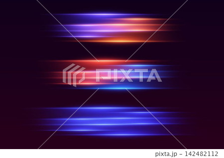 Dynamic horizontal glowing lines creating a sense of rapid movement and digital data flow 142482112