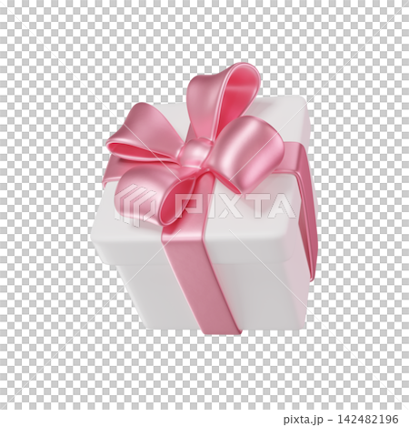 3D white Gift Box with a pink Bow and ribbon. Floating Present for Holiday, Birthday, Weddings, Valentine's day or Christmas. 3D render isolated on transparent background 3D white Gift Box with a pink Bow and ribbon. Floating Present for Holiday, Birthday, Weddings, Valentine's day or Christmas. 3D render isolated on transparent background 142482196