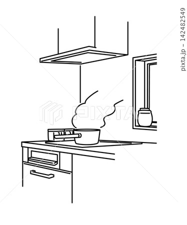 壁付けキッチンのコンロ周辺_線画 壁付けキッチンのコンロ周辺_線画 142482549