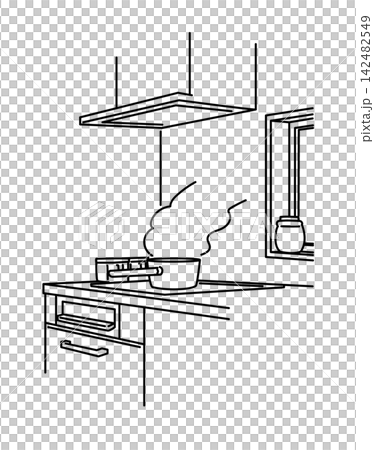 壁付けキッチンのコンロ周辺_線画 壁付けキッチンのコンロ周辺_線画 142482549