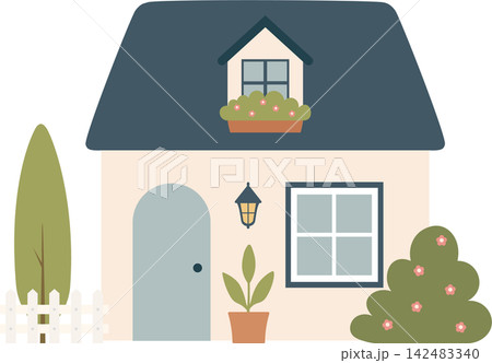 Cute cartoon house, minimalist scandinavian cottage Cute cartoon house, minimalist scandinavian cottage 142483340