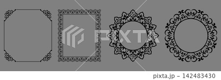 Set of decorative frames Elegant vector element for design in Eastern style, place for text. Floral black and gray frames. Lace illustration for invitations and greeting cards Set of decorative frames Elegant vector element for design in Eastern style, place for text. Floral black and gray frames. Lace illustration for invitations and greeting cards 142483430