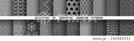 Geometric set of seamless black and gray patterns. Simple vector graphics 142483431