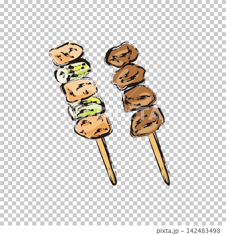 Yakitori (grilled chicken skewers): chicken and green onion skewers, chicken hearts skewers Yakitori (grilled chicken skewers): chicken and green onion skewers, chicken hearts skewers 142483498