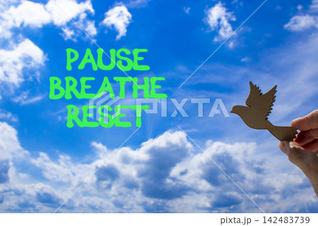 Pause breathe reset words symbol. Concept words Pause breathe reset on beautiful blue sky. Beautiful blue sky background. Business support motivational and pause breathe reset concept. Copy space. Pause breathe reset words symbol. Concept words Pause breathe reset on beautiful blue sky. Beautiful blue sky background. Business support motivational and pause breathe reset concept. Copy space. 142483739