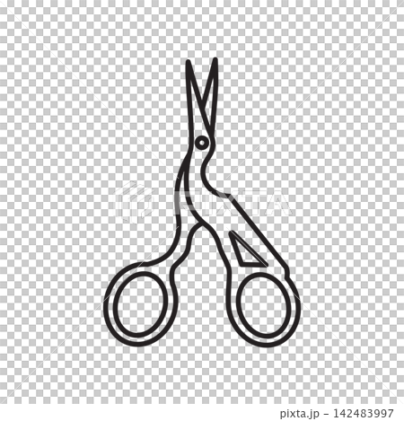 Detailed line art icon of vintage stork-shaped scissors used for embroidery and fine thread cutting. Detailed line art icon of vintage stork-shaped scissors used for embroidery and fine thread cutting. 142483997