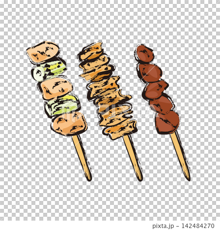 烤雞肉串(Yakitori):雞肉和蔥、雞皮、雞肝、烤串 烤雞肉串(Yakitori):雞肉和蔥、雞皮、雞肝、烤串 142484270