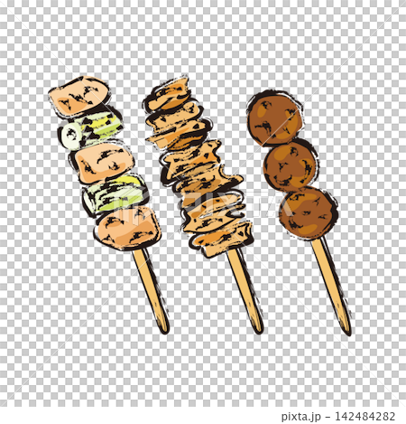 Yakitori (grilled chicken skewers): Negima (chicken and green onion skewers), Torikawa (chicken skin skewers), Tsukune (chicken meatballs skewers) Yakitori (grilled chicken skewers): Negima (chicken and green onion skewers), Torikawa (chicken skin skewers), Tsukune (chicken meatballs skewers) 142484282