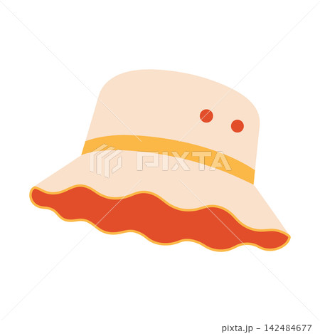 Beige and yellow summer bucket hat. Trendy summer casual panama hat. Illustration. 142484677