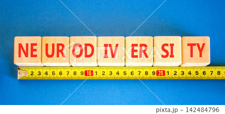 Neurodiversity word symbol. Concept word Neurodiversity on beautiful wooden blocks. Beautiful blue background. Yellow ruler. Business science biological medical neurodiversity word concept. Copy space Neurodiversity word symbol. Concept word Neurodiversity on beautiful wooden blocks. Beautiful blue background. Yellow ruler. Business science biological medical neurodiversity word concept. Copy space 142484796
