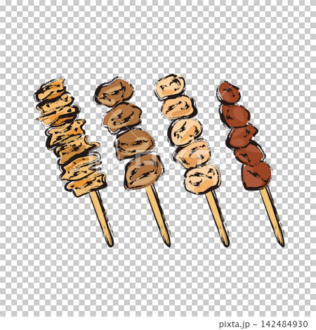 Yakitori (grilled chicken skewers): chicken skin, chicken hearts, chicken thigh, chicken liver Yakitori (grilled chicken skewers): chicken skin, chicken hearts, chicken thigh, chicken liver 142484930
