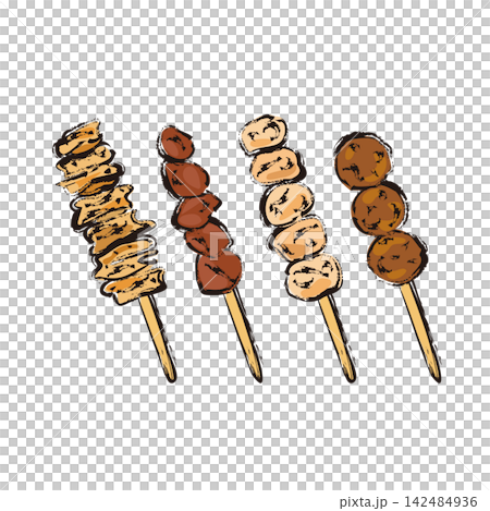 Yakitori (grilled chicken skewers): chicken skin, liver, thigh, meatballs 142484936